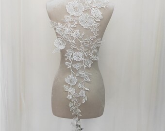 Tecido de renda flor bordado branco marfim, peça de material de aplique de lantejoulas, vestido de casamento vestido de noite guarnição de renda floral, corpete de malha DIY