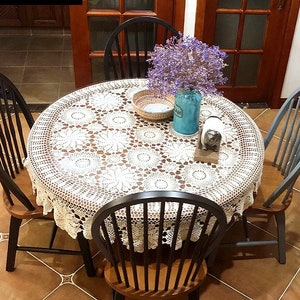 Custom Flower lace tablecloth, Handmade crochet round floral table cloth, Vintage Table linen cover Fabric for home wedding decor zdjęcie 3