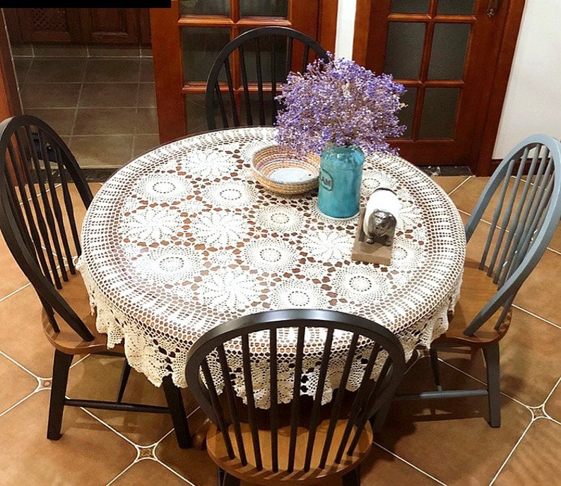 Custom Flower lace tablecloth, Handmade crochet round floral table cloth, Vintage Table linen cover Fabric for home wedding decor zdjęcie 3