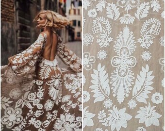 Bohemian White Ivory flower Rayon Boho Lace Fabric, Boho Bridal Lace Wedding Dress , Embroidery floral Tulle lace by the yard
