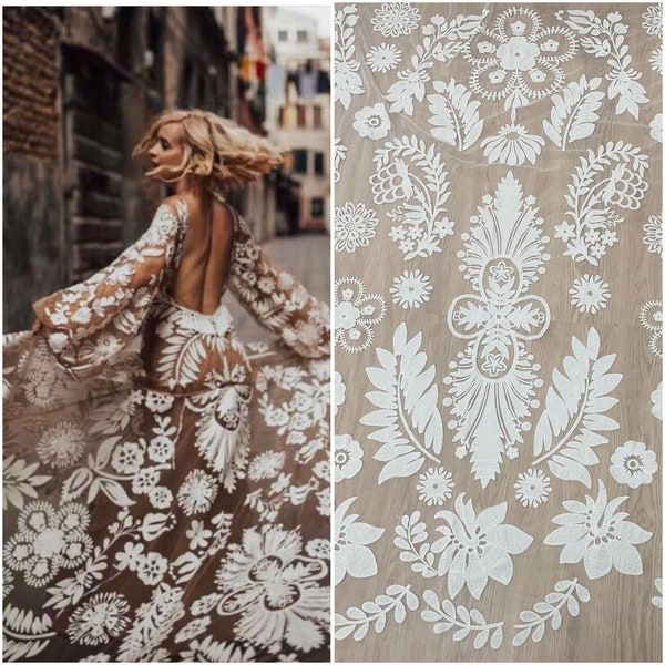 Wild Colorful Flowers Designer Lace Fabric for Boho Dresses