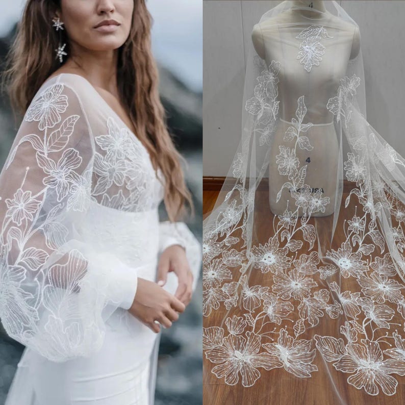 White Ivory Leaf Lace Fabric with beaded sequin, Veil Applique lace, Bridal Wedding Dress Gown, Embroidery flower floral lace by the yard image 1