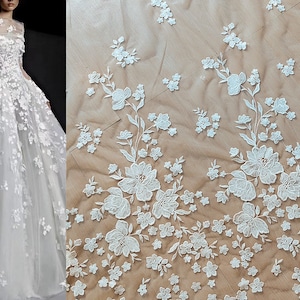 White Ivory Sequin Lace Fabric, Embroidery flower lace material for Bridal Wedding Dress Gown, Tulle floral lace, Veil applique fabric