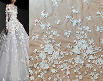 White Ivory Sequin Lace Fabric, Embroidery flower lace material for Bridal Wedding Dress Gown, Tulle floral lace, Veil applique fabric