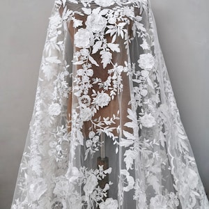 3D Embroidery Flower Lace Fabric, Bridal Ivory White Wedding Dress Lace Applique, Floral Venice Mesh Tulle Veil  Lace by the yards