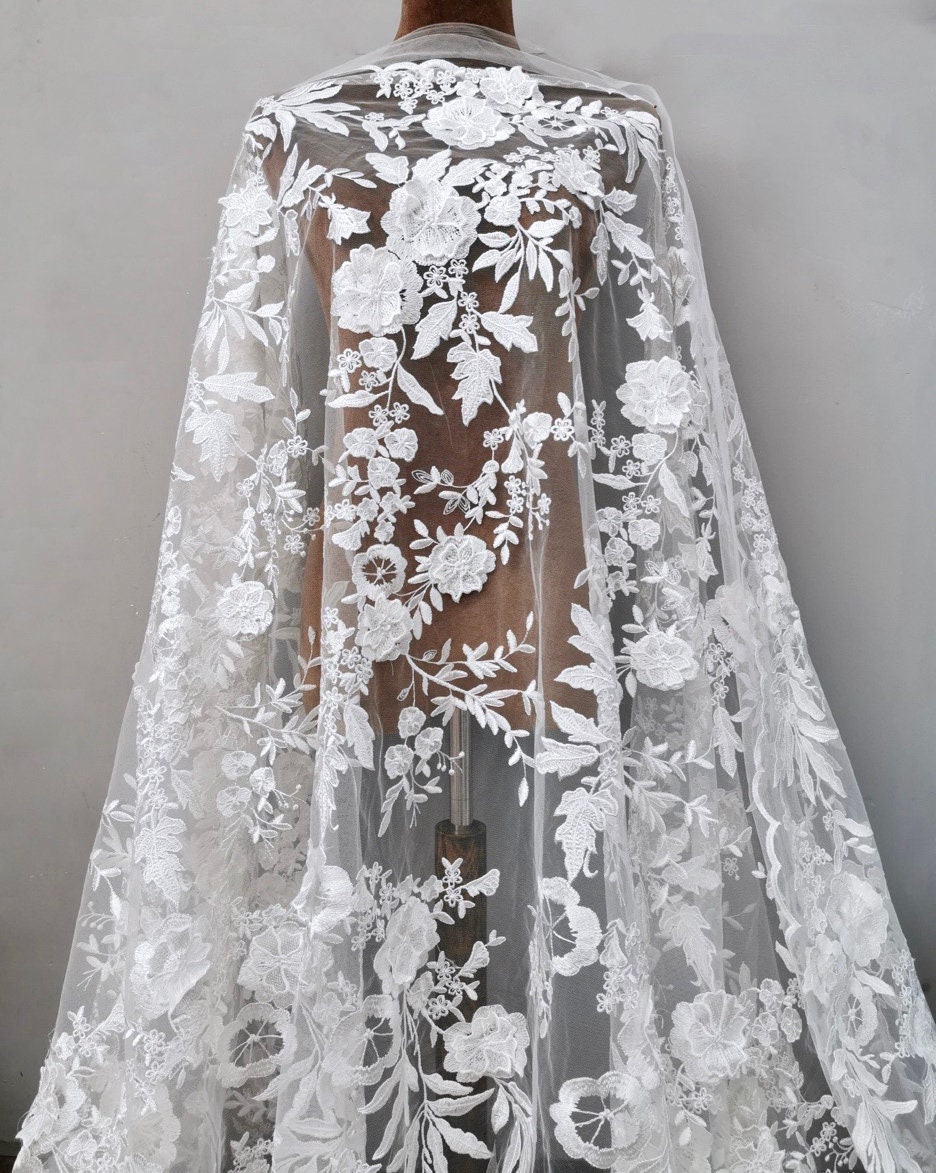 3D Stickerei Blumen-Spitze-Gewebe, Braut Elfenbein Weiß Hochzeits-Kleid-Spitze-Applikation, Blumen Venedig Mesh Tüll-Schleier-Spitze durch die Yards