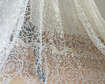 Boho Bohemian White Ivory Lace Fabric with sequin, Floral DIY material, Wedding Dress Evening Gown,  Fashion Cotton flower Embroidery lace