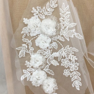 3D Ivory white sequin Applique piece, Bridal Embroidery Flower Lace Fabric, Motif Veil Lace trim Bodice for Wedding Girl Dress