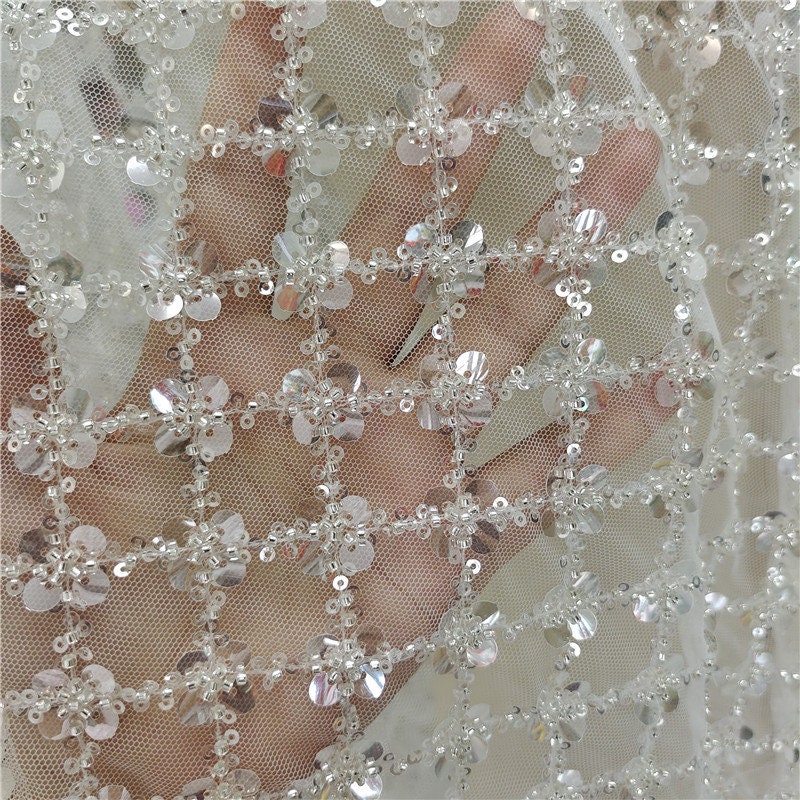 Sequin Beaded Lace Fabric Heavy Beading Lace Material Ivory Etsy