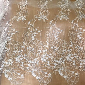 Soft White Lace Fabric, Stripe line lace material, Bridal Wedding Dress Evening Gown, Embroidery flower Tulle fabric by the yard