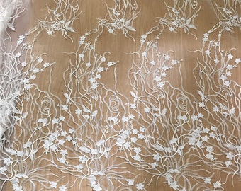 Soft White Lace Fabric, Stripe line lace material, Bridal Wedding Dress Evening Gown, Embroidery flower Tulle fabric by the yard