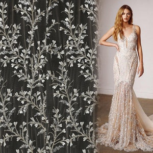 3D Flower Leaves beaded Sequin Lace Fabric, Bridal Floral Heart Champagne Lace, Bride Wedding Dress, Embroidery Leaf Tulle lace by the yard