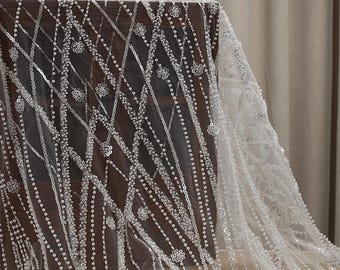 White Ivory Sequin beaded Lace Fabric, Stripe Wave lace Bridal Wedding Dress, Geometric Embroidery Tulle flower applique fabric by the yard