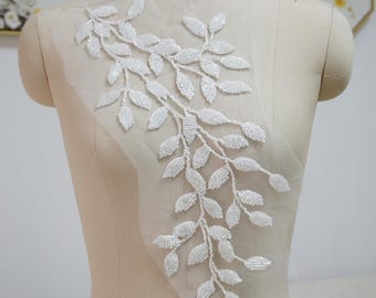 White Embroidery Leaves Leaf Flower Lace Fabric, Beaded Sequin Veil applique material piece, Wedding Dress Lace trim, DIY Bodice Patch