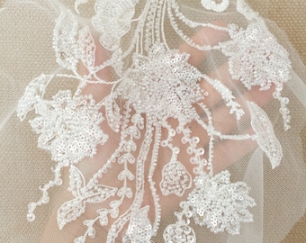 Ivory White Embroidery Flower Beaded Lace Applique Fabric, Sequin applique material piece, Wedding Dress Tulle Veil Lace Mesh Bodice
