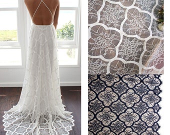 3M Boho Bohemian White Ivory Lace Fabric, Floral supply material, Wedding Dress Evening Gown, Soft Eyelash Chantilly Cotton flower Fashion