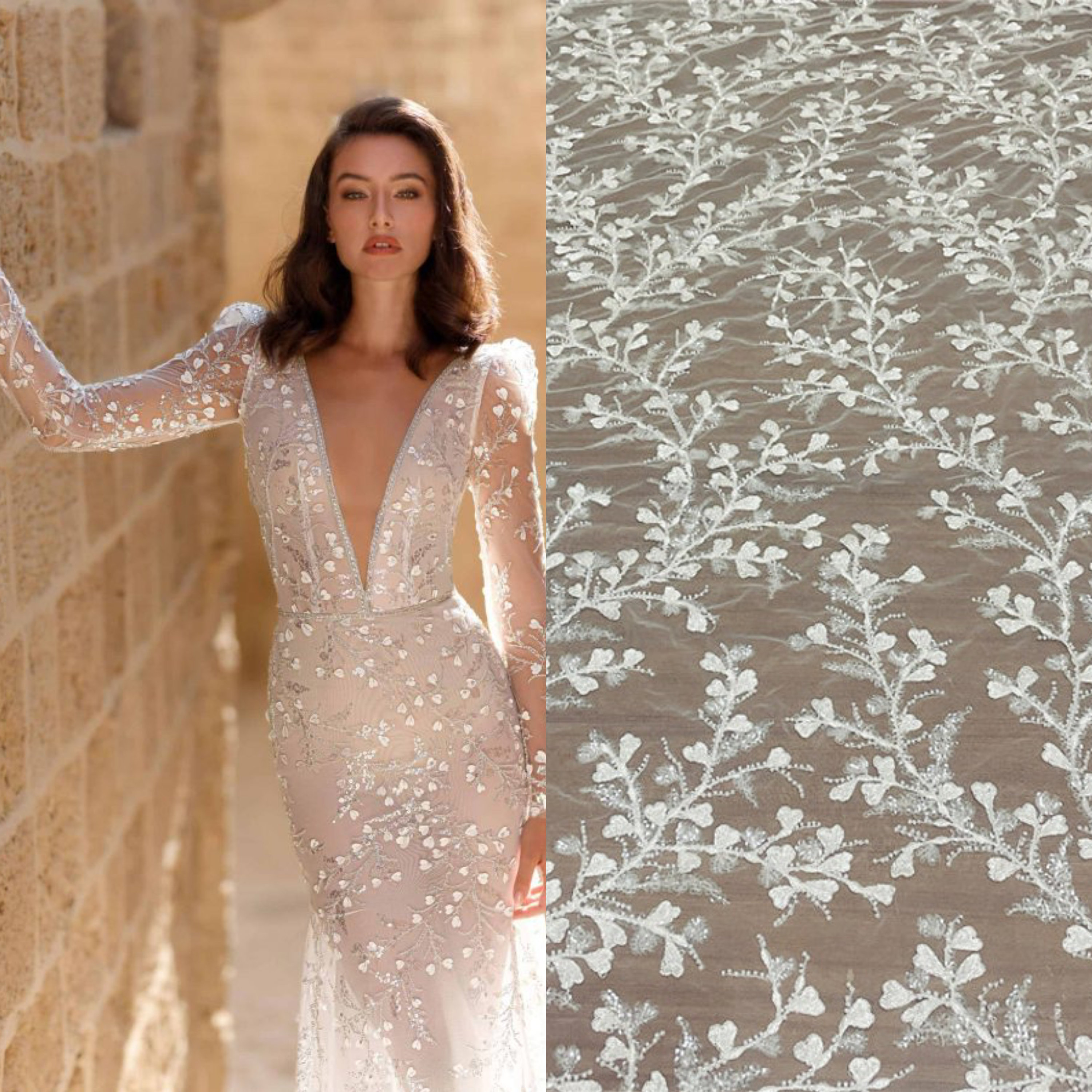Off-white Sequin Beaded Lace Applique Pair Embroidered Corded