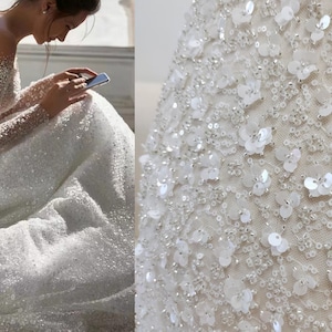 White heavy Sequin beaded flower Lace Fabric, Beading lace Bridal Wedding Dress, Rayon Embroidery Tulle applique fabric by the yard