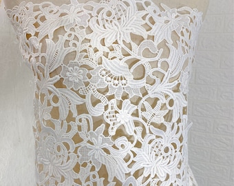 Boho Bridal White Lace Rayon Mesh Fabric, Floral guipure lace , Wedding Dress lace, Crochet Cotton Embroidery flower lace by the yard