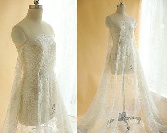 Soft Ivory Lace Fabric with Sequin, Guipure lace material, Gatsby Bridal Wedding Dress Gown, Embroidery flower Tulle lace by the yard