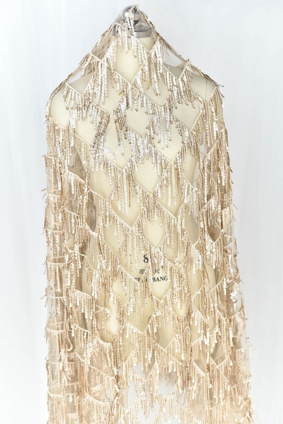 Champagne Sequin Tassel Lace Tulle, Vintage Gatsby Bridal Wedding Dress  Evening Gown, Silver Rose Gold Beaded Embroidery Fabric by the Yard - Etsy