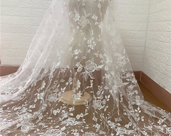 Boho White Ivory Embroidery floral Lace Fabric Bridal Lace material Wedding Dress Soft Alencon Cotton Mesh Venice flower lace by the yard