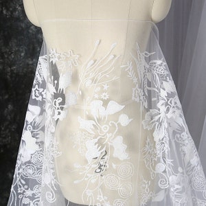 Glitter Lace flower Fabric, Soft Ivory White Sequin Tulle, Bridal Wedding Dress, Bling Sparkle lace, Veil Applique lace by the Yard