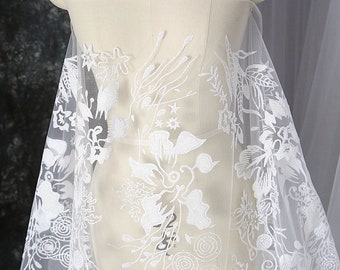 Tecido de flor de renda brilhante, tule de lantejoulas branco marfim macio, vestido de noiva, renda brilhante brilhante, renda de aplique de véu pela jarda
