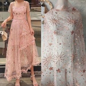 Star celestial Embroidery Fabric, Soft Rose Pink Tulle, Bridal Prom Evening Dress, Sequin Beaded lace, DIY Material by the Yard