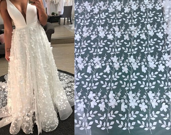 3D ivory bridal lace fabric, Floral Leaf flower Lace Veil material, Bride Wedding Dress, Soft Embroidery Tulle DIY Cloth by the yard