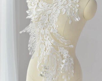 Ivory White Embroidery Lace Fabric, Floral applique material piece, Guipure lace, Wedding Dress Gown veil Lace pattern trim with sequin