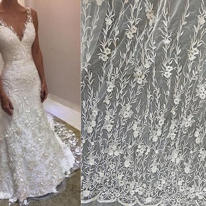 Tkanina koronkowa z siateczki z cekinami w kolorze kości słoniowej, materiał z koronki gipiurowej w kwiaty, suknia ślubna, aplikacja z haftu haute couture cięta na wymiar