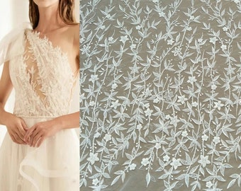 Tela de encaje de flores con cuentas de lentejuelas de marfil, encaje de hojas de abalorios pesados para vestido de novia, tela de apliques de tul bordado de rayón cortado a medida