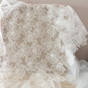 Soft White Ivory Guipure Lace Fabric, Bridal Lace material, Wedding Dress Gown,  Embroidery Cotton Rose flower Tulle lace by the yard