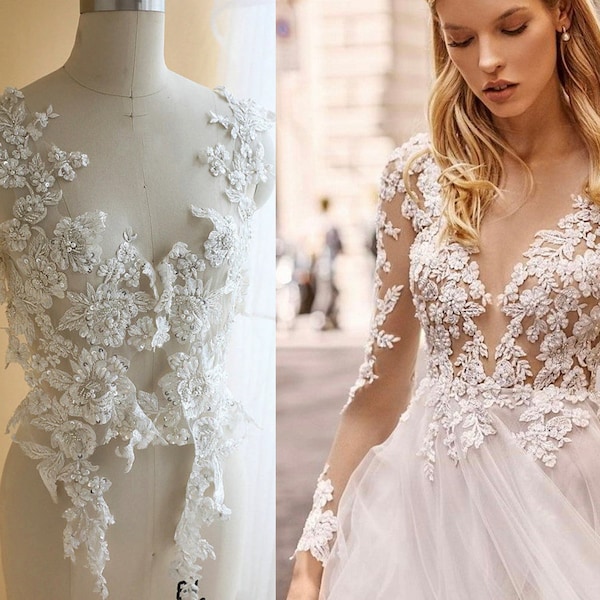 Ivory White 3D Embroidery Leaves Flower Lace Fabric, Beaded Sequin applique piece, Wedding Dress Veil Tulle Lace trim, DIY Mesh Bodice
