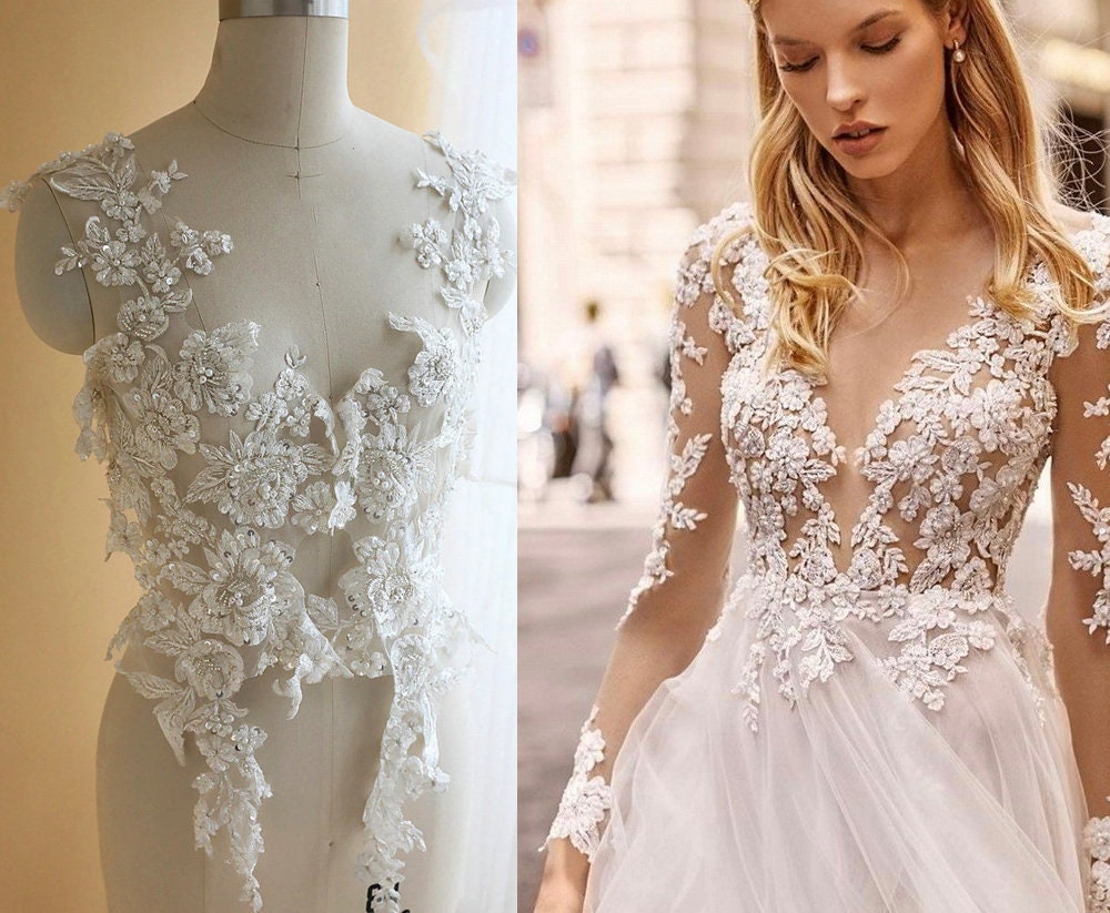 Tela de encaje con flores y hojas bordadas en 3D en color blanco marfil, aplique de lentejuelas con cuentas, adorno de encaje de tul para velo de vestido de novia, corpiño de malla DIY