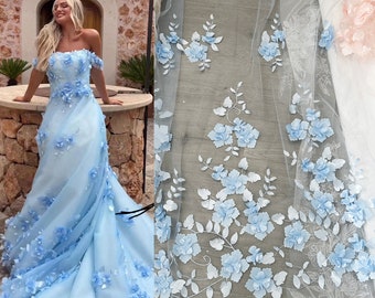 3D Light Blue Flower Beaded Lace Fabric, Bridal Floral Veil Lace, White  Wedding Prom Evening Dress,Pink Embroidery Tulle Fabric by the yard