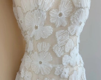 3D beaded pearl flower wedding lace fabric, White Floral Tulle for Wedding Dress Evening Gown, Embroidery Veil applique lace by the yard