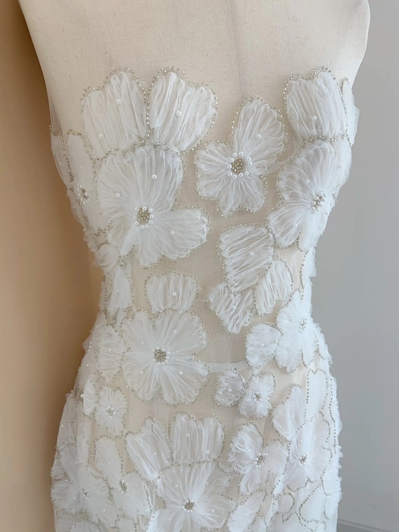 3D beaded pearl flower wedding lace fabric, White Floral Tulle for Wedding Dress Evening Gown, Embroidery Veil applique lace by the yard