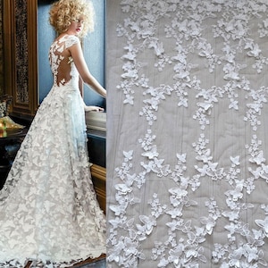 3D Embroidery Lace Fabric, Mesh 3D Butterfly Lace Quipure Fabric for Bridal Dress, Wedding Dress Fabric, Tulle Lace Fabric By The Yard
