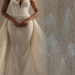 White heavy Sequin beaded Lace Fabric, Gatsby Couture lace Bridal Wedding Dress, Rayon Embroidery Tulle flower applique fabric by the yard