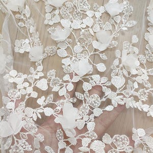 3D Ivory Sequin beading flower Lace Fabric, Couture lace for Bridal Wedding Dress, Embroidery Tulle Veil floral applique fabric by the yard image 4
