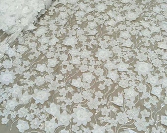 3D Embroidery Flower Lace Fabric, Ivory Sequin Beaded Pearl lace Applique for Bridal Wedding Dress, Floral Tulle Lace Fabric by the yards