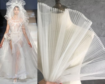 Hard White Pleated Tulle Fabric, Mesh Ruffled Pleats panel designer fabric for Bridal Wedding Dress, Veil lace Tulle fabric by the yard