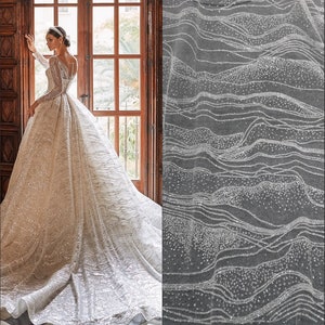 White Silver Glitter star tulle Fabric, Bridal Wedding Dress Evening Gown fabric, Soft lace wave sequin stripe Tulle Fabric by the yard