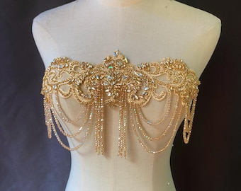 Champagne Gold Rhinestone applique Crystal Chain, Embroidery Beaded Shoulder Tassel Patch piece, Wedding Evening Costume Dance Dress Lace