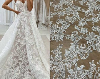 Tecido de renda bordado recortado, renda para vestido de noiva branco marfim, tecido de renda com lantejoulas e flores geométricas de tule rayon por metro
