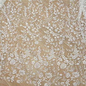 Boho Ivory Embroidery floral Lace Fabric Bridal sequin Lace material Wedding Dress Soft Tulle Rayon Mesh leaves flower lace by the yard image 7