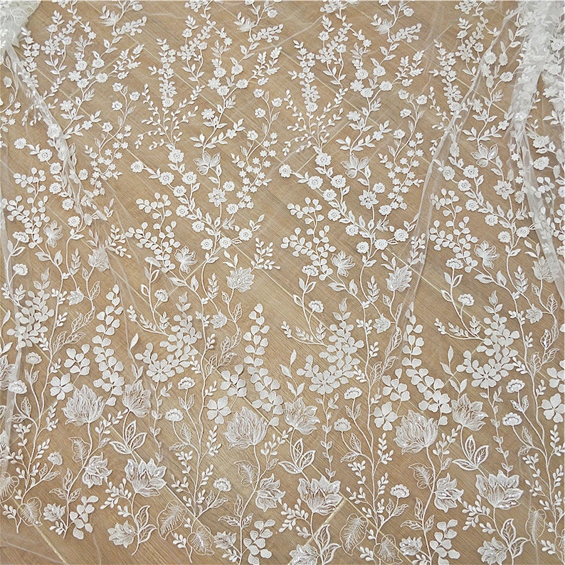 Boho Ivory Embroidery floral Lace Fabric Bridal sequin Lace material Wedding Dress Soft Tulle Rayon Mesh leaves flower lace by the yard image 7