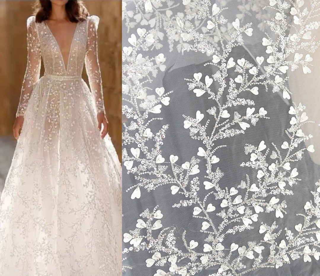 3D Flower Leaves Beaded Sequin Lace Fabric, Bridal Floral Heart Couture ...